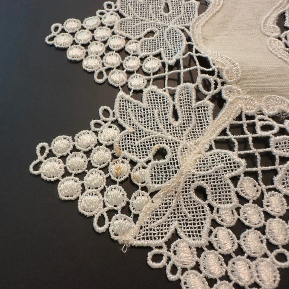 Vintage Beige Lace Table Runner and Doily Set Grape Vine Motif Scalloped Edge